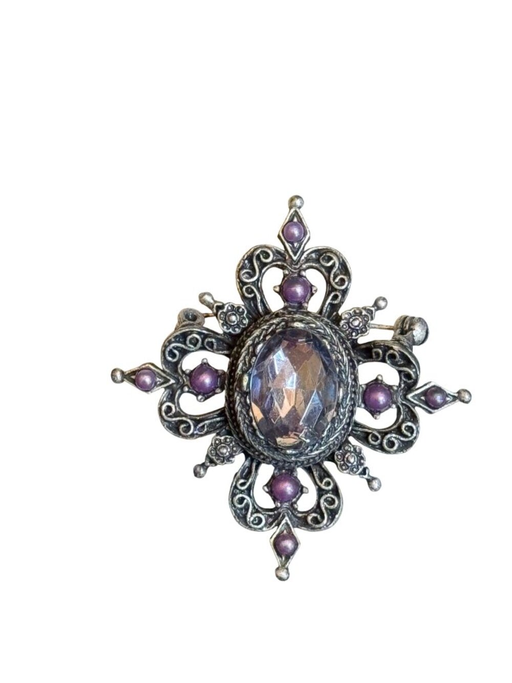 Vintage Connected Accessories Silver-Tone Brooch With Purple Accents & Faceted C